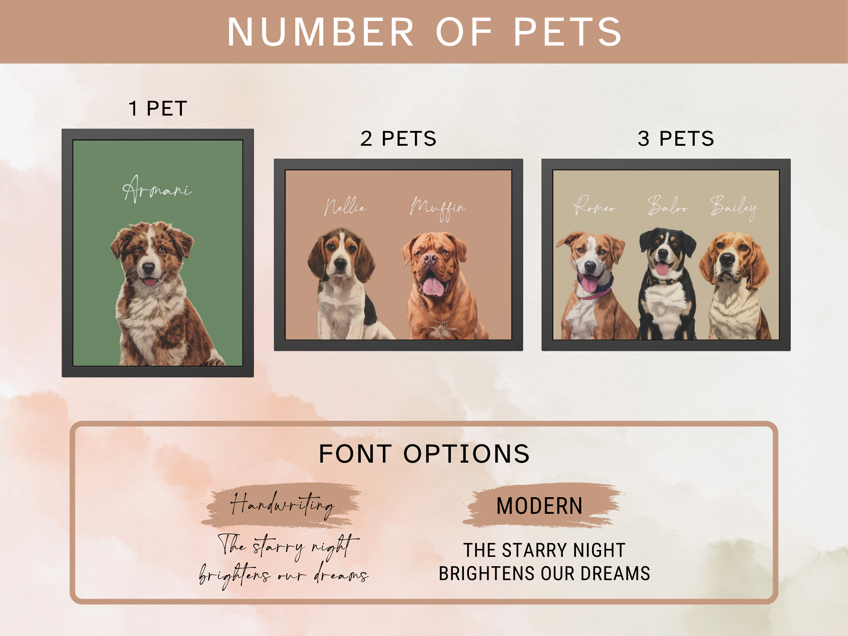 Personalized Modern Pet Portrait - Framed Poster - Three Pets