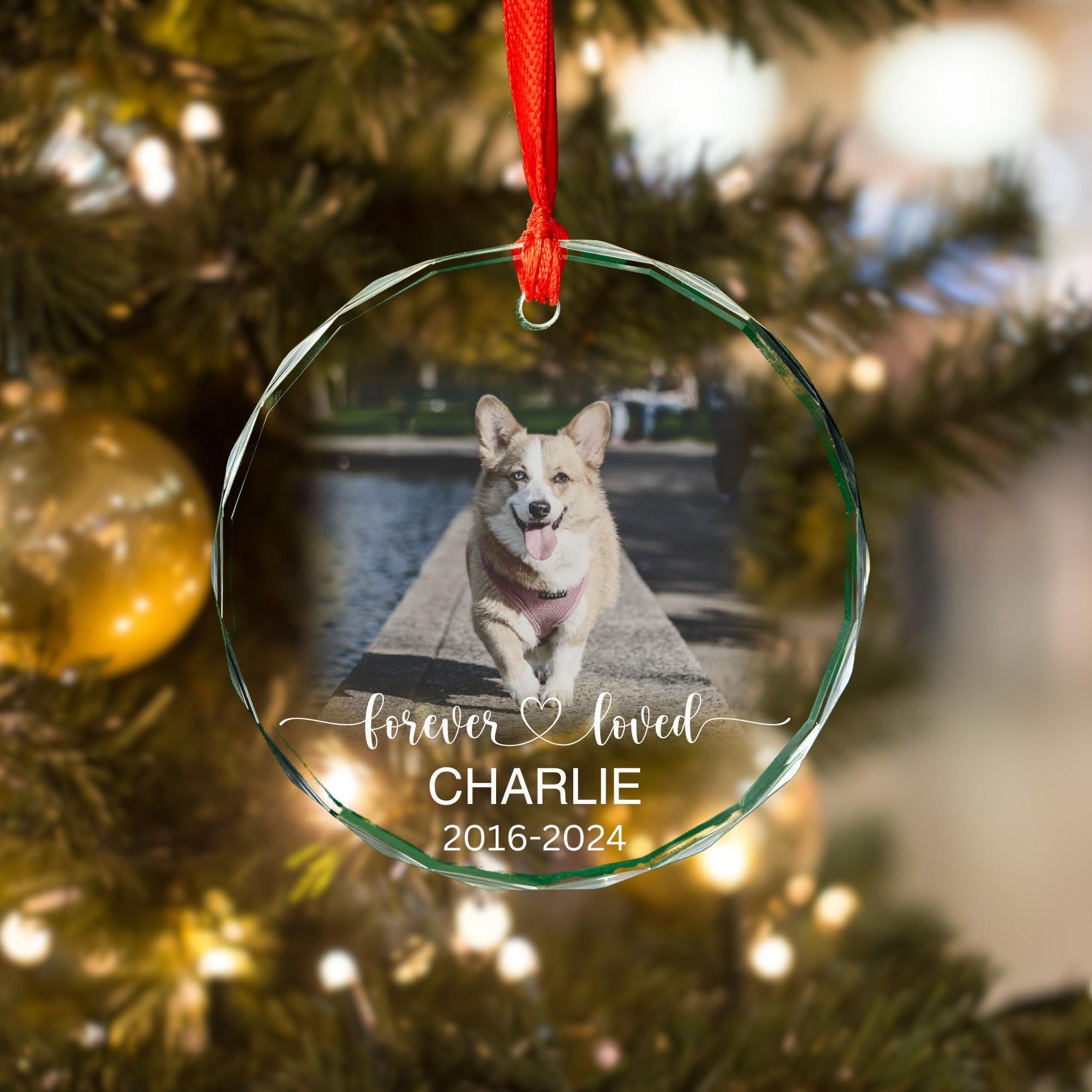 Personalized Forever Loved Pet Memorial Beveled Glass Ornament, Acrylic Ornament